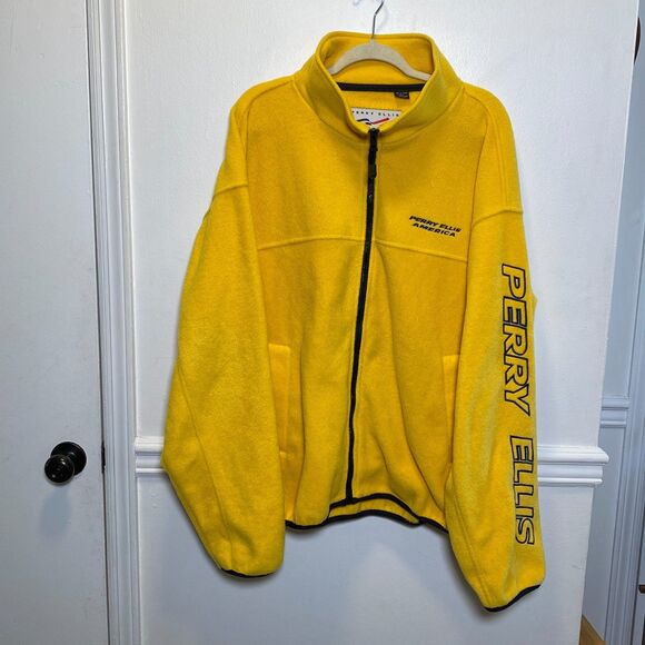 VTG Perry Ellis America Fleece Jacket XL Yellow Spellout Y2K Zip Up Streetwear - Picture 1 of 6